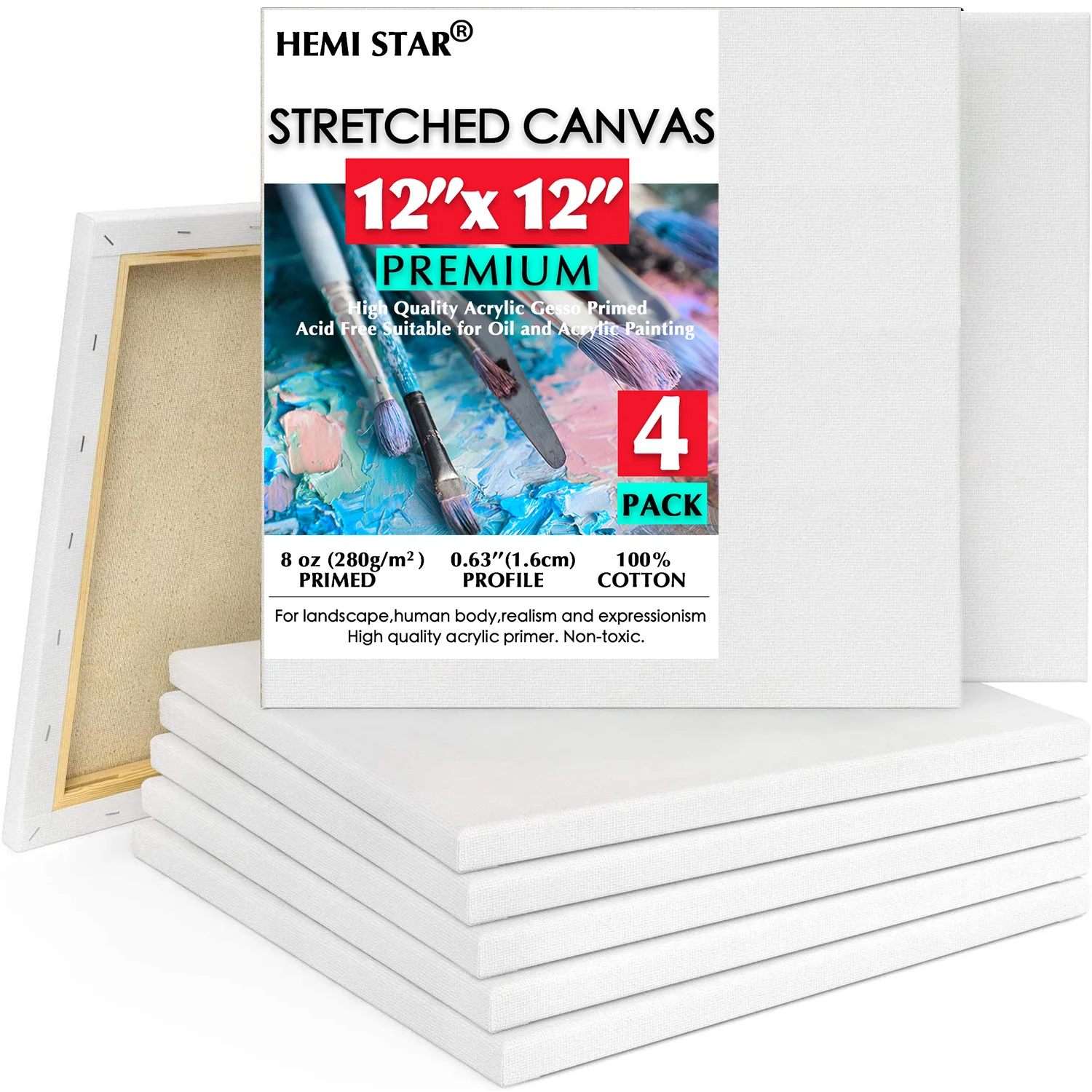 4 Pack Stretched Canvas for Painting 30x30cm,12x12 inch Primed 100