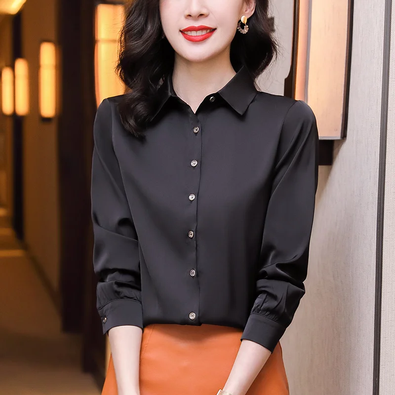 Women'S Solid Color Slim Fit Versatile Long Sleeved Chiffon Cardigan Shirt New Spring And Autumn Lapel Professional Fashion Top