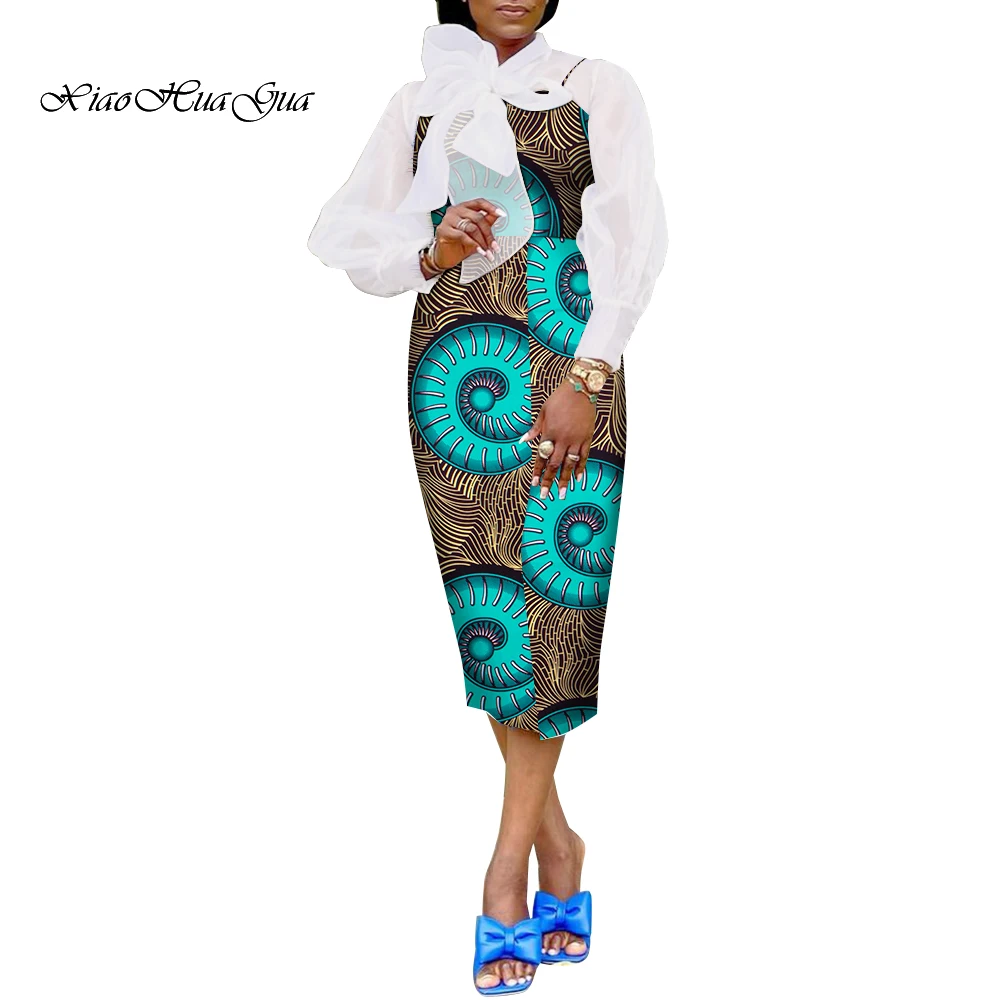 

2pcs Shirt and Strap Dress for Women African Ankara Yarn Long Sleeve Dress Bodycone Africaine Wax Print Party Dresses Wy9676