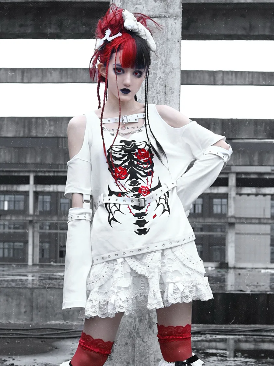 Blood Supply White Sweatshirt Gothic Skeleton Print Hollow Out Off Shoulder Belt Punk Shirt Hoodies Hot Girls Pullover TopsY2k