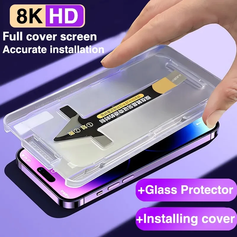 8K High End Tempered Glass For iPhone 14 13 12 11 15 Pro Max XS MAX X XR Privacy Screen Protector With Alignment Mounting Cover