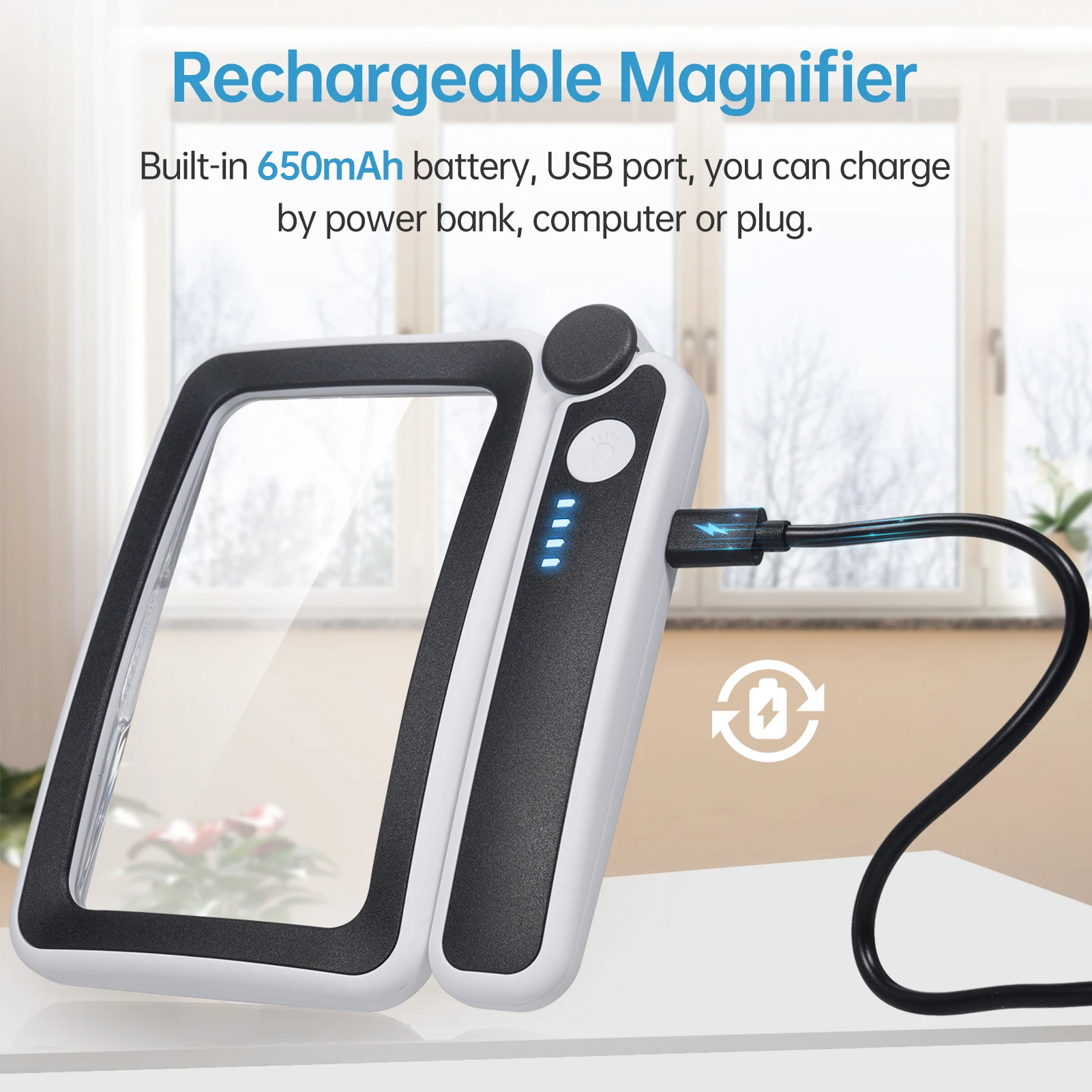 4X Large Magnifying Glass LED Lights USB Loupe Rechargeable Magnifier Handheld Reading Lamp