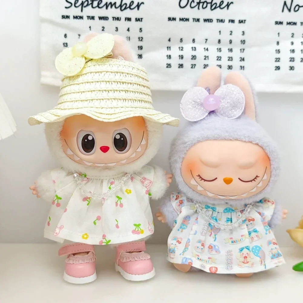 Lovely For 15-17cm Labubu Doll Accessories Ropa Outfit Summer Straw Hat Bow Cute Dress Trendy Clothing 2