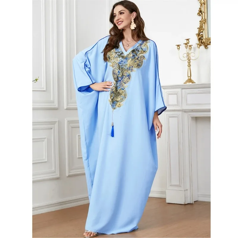 

Ramadan Abaya for Muslim Women Embroidery Bat Sleeve Casual Maxi Dress Dubai Kaftan Turkey Arab Gown Islamic Eid Party Vestidos