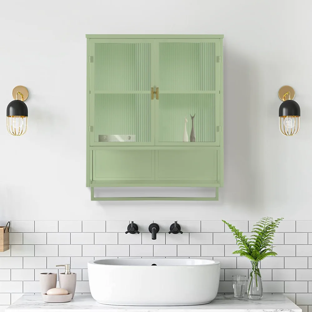 60 cm Glas-Wandschrank mit 2 Türen, wandmontierter Stauraum mit offenem Regal und Handtuchhalter für Eingangsbereich, Badezimmer, Wohnzimmer – Detail 9