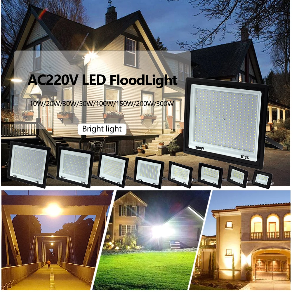 220V LED FloodLight 100W 150W 200W 300W 144Pcs SMD2835 High Brightness IP66 For Garden Street Outdoor Lighting