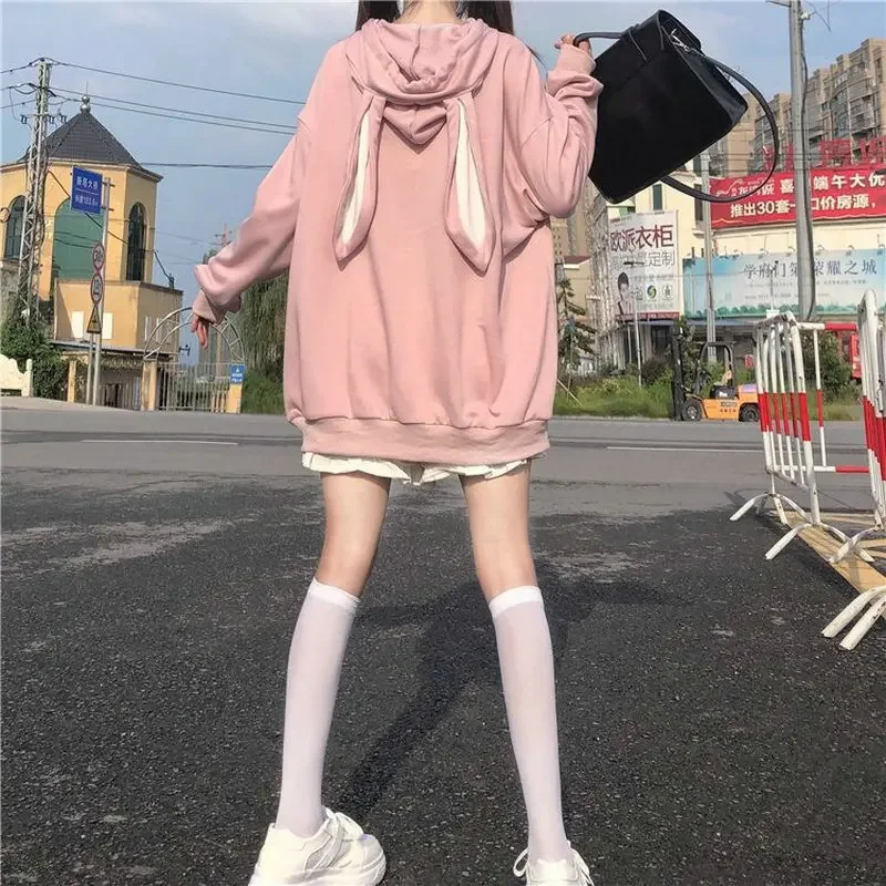 Rabbit Tops Pink Sweet Long Sleeve Hooded Sweatshirts Spring Autumn Y2k Harajuku Cute Loose Kawaii Hoodie Casual Fashion Women