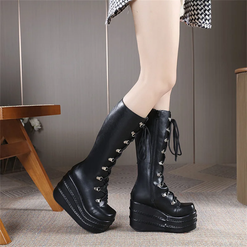 

Platform Wedges Knee-high Boots For Women Gothic Style Cool Women Combat Boots 2023 Brand New Street Cool Comfy Shoes