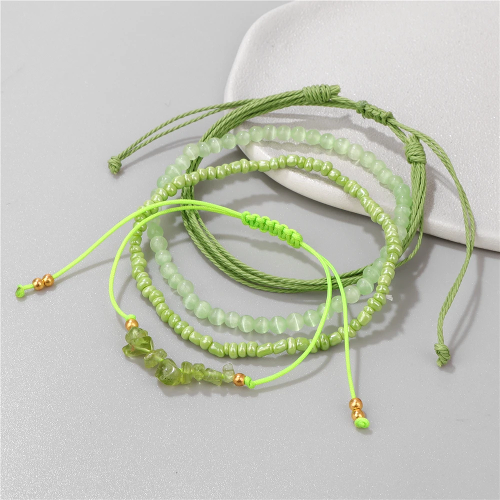 Beaded Bracelet 4PCS/Set Orange Aventurine Beads Woven Rope Bracelets Rice Beaded Chip Adjustable Braided Women Girl Gifts
