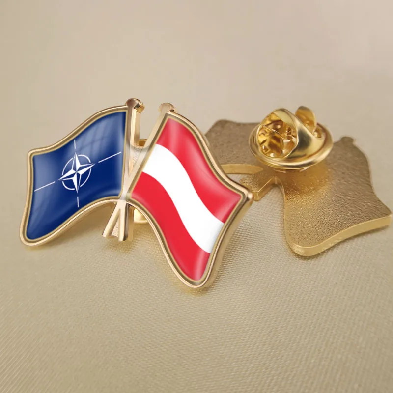 

North Atlantic Treaty Organization NATO and Austria Crossed Double Friendship Flags Lapel Pins Brooch Badges