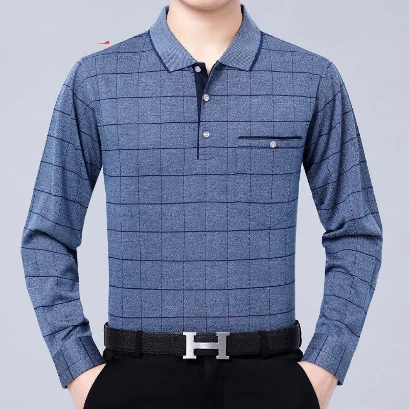 

Men's Casual Plaid Printing Polo Shirts Spring Autumn New Long Sleeve Plus Size Loose Tops Tees Fashion Business Men Clothing