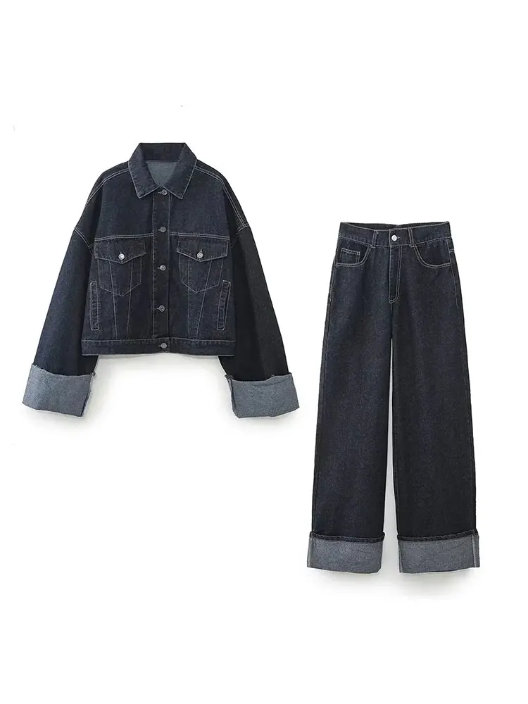 TRAF 2023 Autumn Women Fashion Loose Short Denim Jacket + Draped Wide-leg Jean 2 Piece Set Suit 3