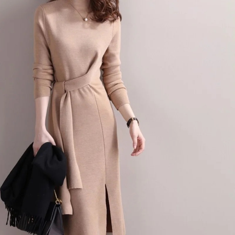 

High collar wool knit dress female qiu dong long temperament fork skirt dresses