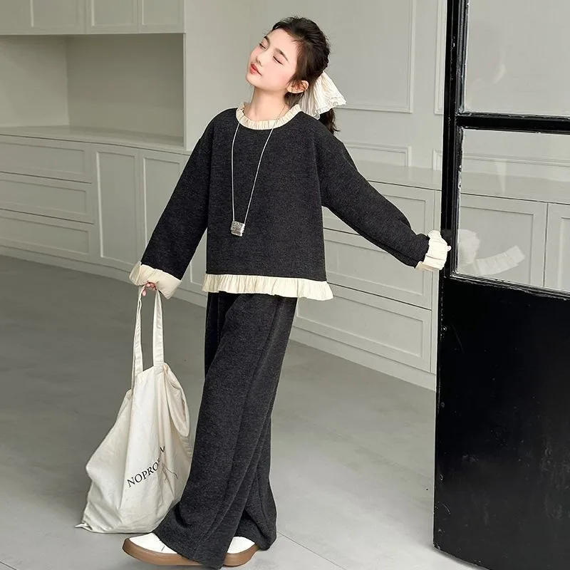 طقم بلوزات وسراويل متطابقة مع أذن خشبية مكون من قطعتين سويت شيرت وملابس بناتي مكونة من قطعتين من عمر 11 إلى 12 سنة للشتاء