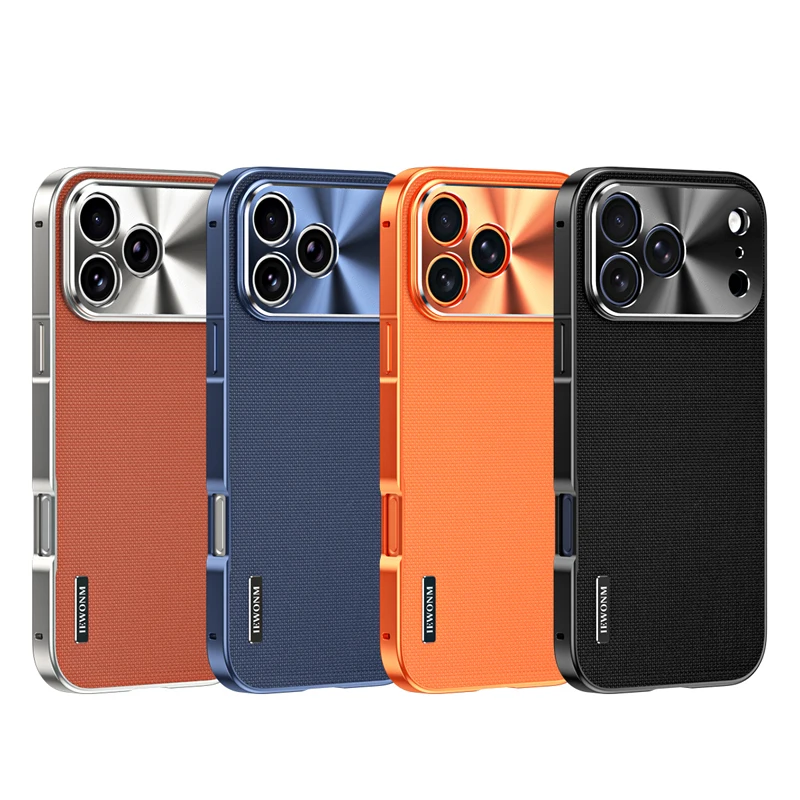 Business Style Magnetic Woven PU Leather Anti-Slip Phone Case with Aluminum Metal Frame