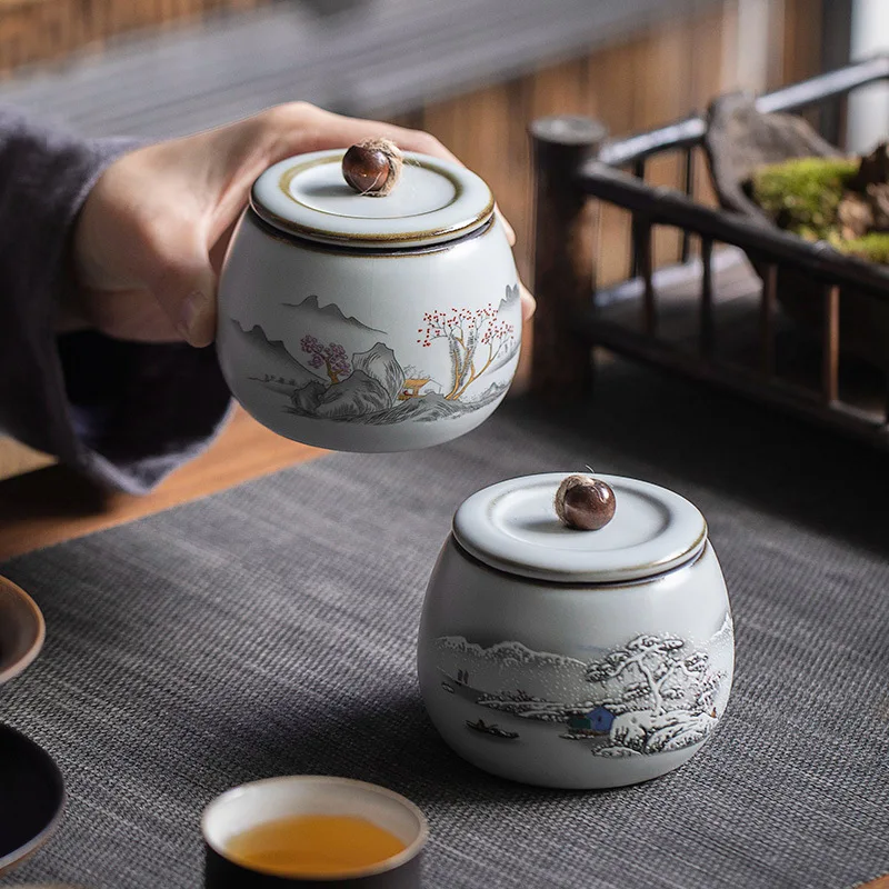 Retro Ruyao Ceramics Tea Caddy Tieguanyin moisture-proof Sealed Storage Tank Portable Travel Tea Boxes Spices Containers Tea Jar
