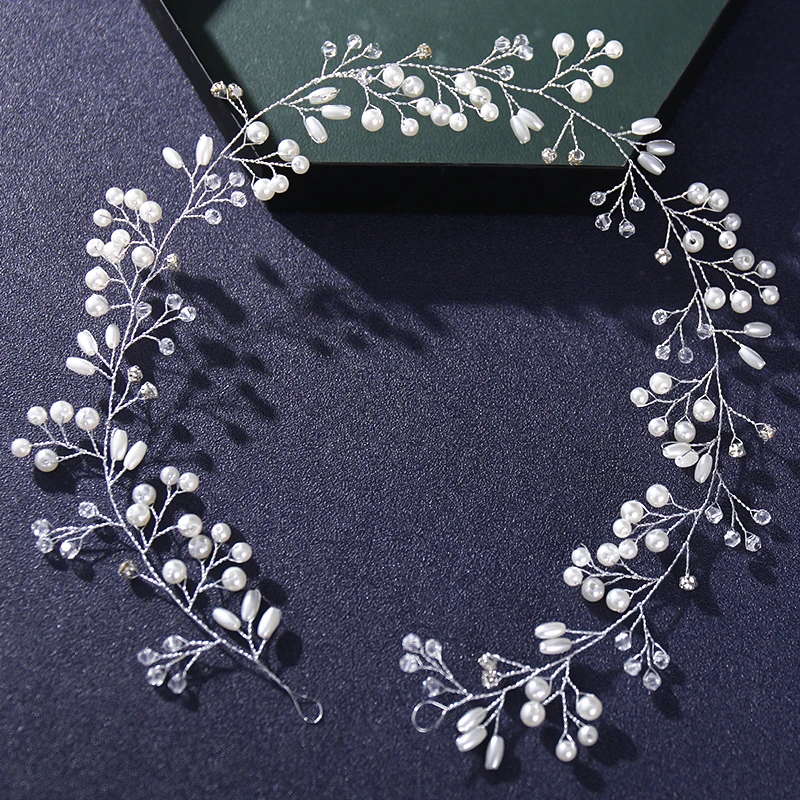 Handmade Gold Silver Color Long Crystal Headbands For Women Bride Pearls Wedding Hairband Hair Accessories Jewelry