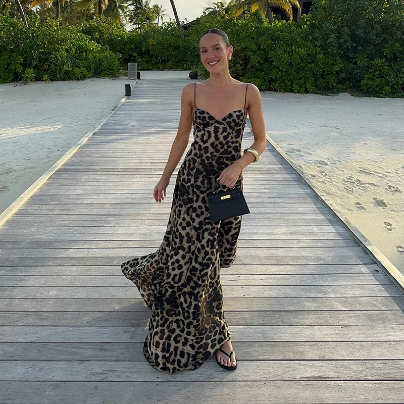 Vestidos largos con tirantes y estampado de leopardo Y2K para mujer, vestido de fiesta ajustado sin mangas con espalda descubierta, estilo vintage de verano 2025 para mujer _Nuevo