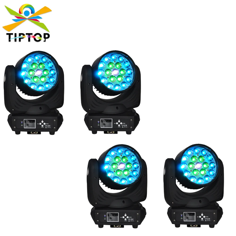 

Светодиодный сценический светильник TIPTOP, 19x15 Вт, RGBW, 4-в-1, цветной зум, движущийся головной светильник, светодиодный дисплей, цветное кольцо, индивидуальное управление лучом, 2 в 1