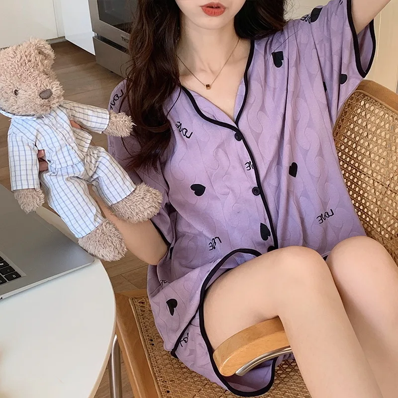 Woman Sweet Kawaii Two-Piece Pajama Set Summer Fashion Cardigan Short Sleeve Loungewear Korean Style Shorts Pajamas Clothes