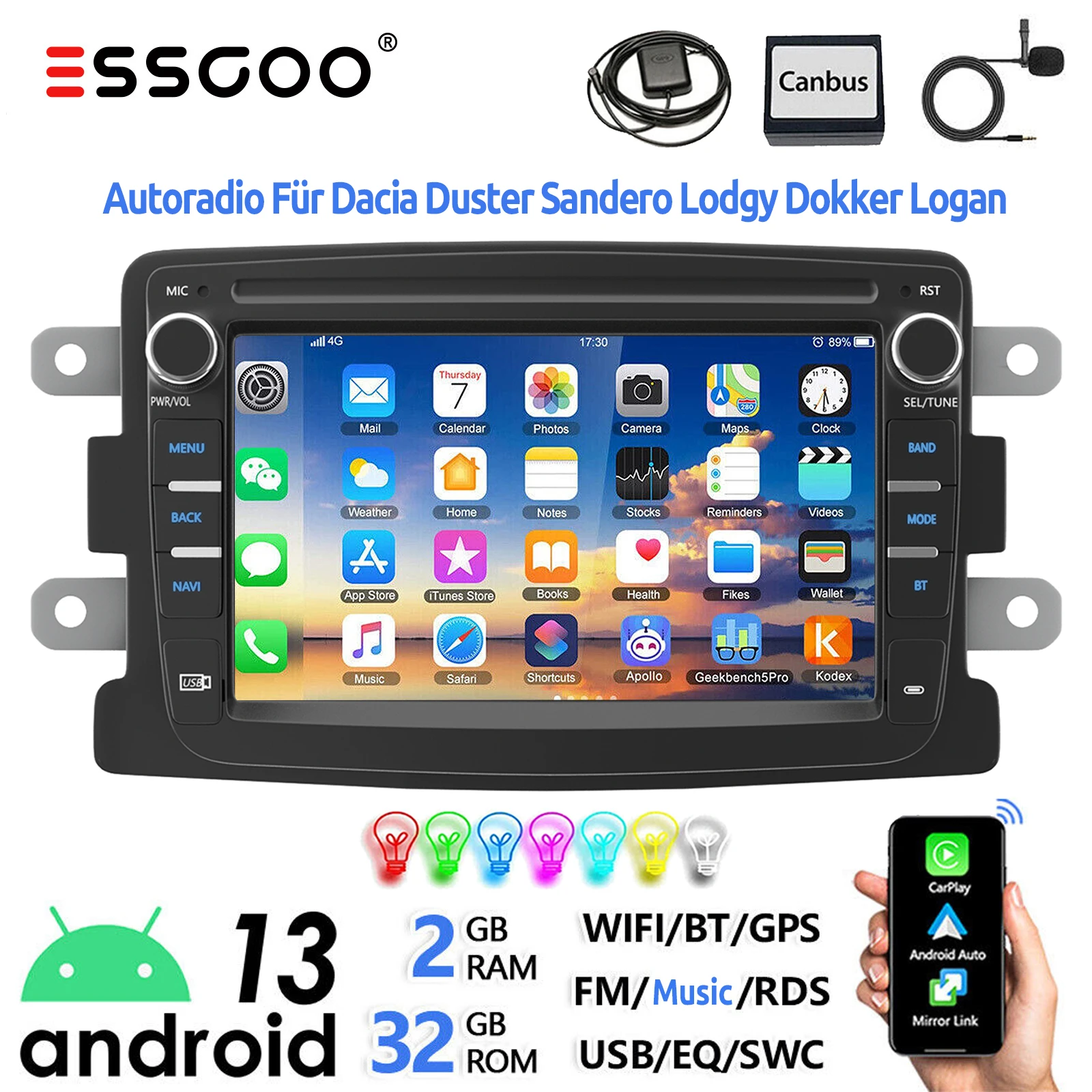ESSGOO Android13 32G Carplay For Renault Dacia Duster Sandero Dokker Logan Lodgy Captur Symbol Car Stereo GPS WIFI RDS Bluetooth