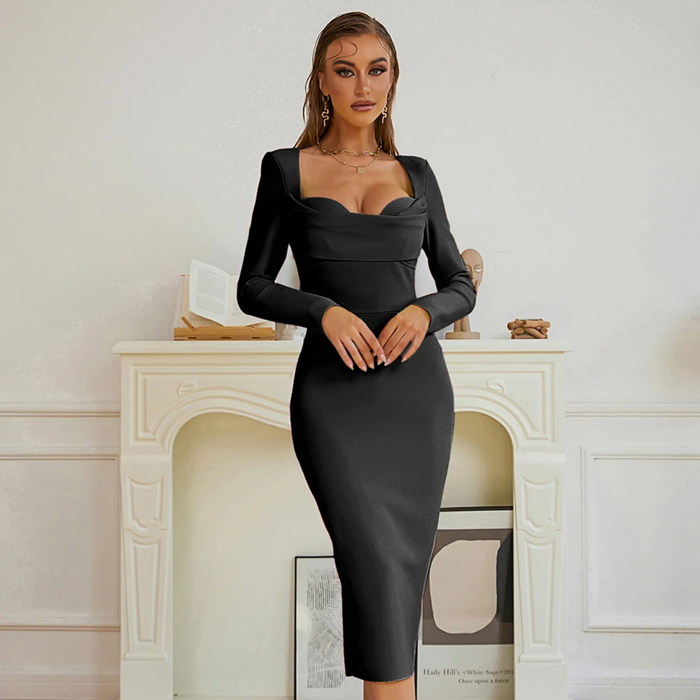 summer-newest-fashion-european-and-american-women's-clothing-luxury-elegant-solid-black-long-sleeve-tight-bandage-ladies-dress