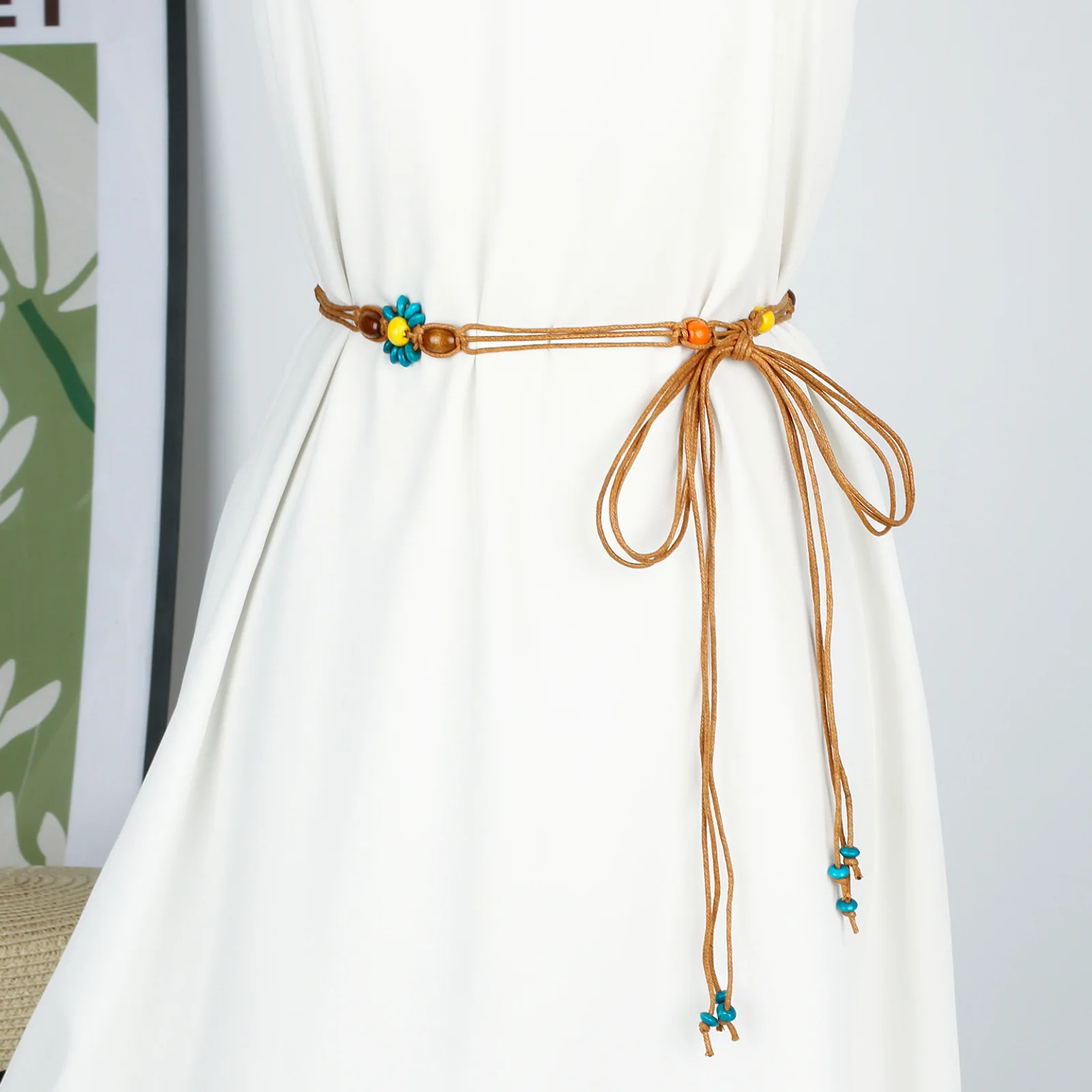 

Повседневные женские ремни 63 дюйма в богемном стиле с декоративными деревянными бусинами, модные ремни на талию для платьев, тонкие аксессуары для одежды