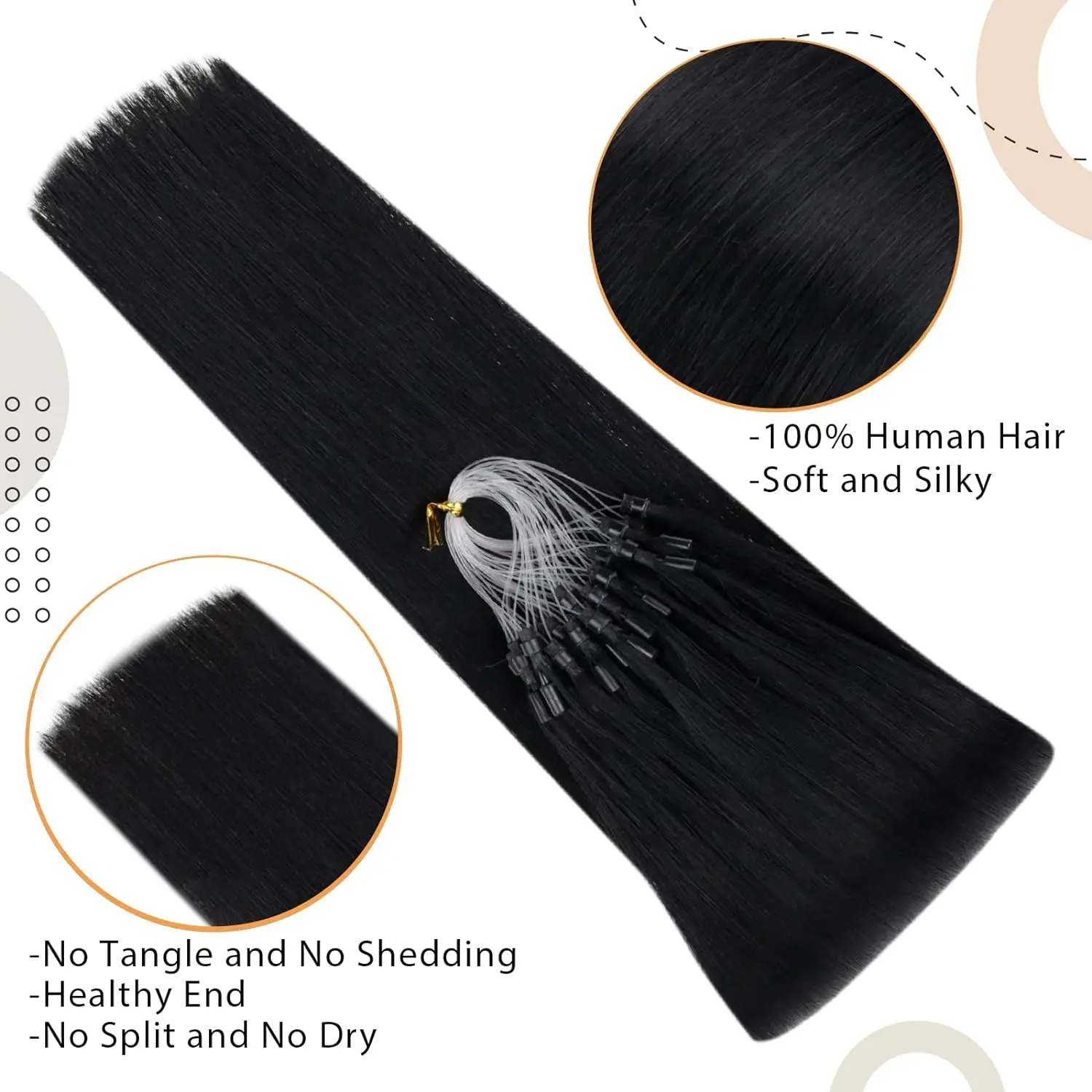 Micro Loop Human Hair Extensions Micro Ring Fish Line Link Hair Extensions Cold Fusion Remy For Women #1B Color 16-26 Inch
