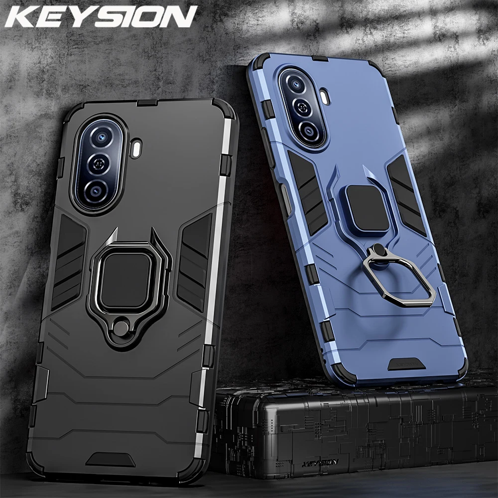 Custodia antiurto KEYSION per Huawei Nova Y70 Plus Custodia posteriore in silicone + PC con supporto ad anello in metallo per Huawei Nova Y70_voghion.com