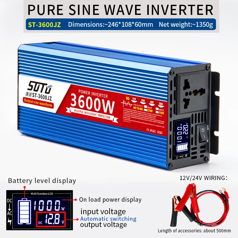 Inverter 12v 230v Pure Sine 3kw 2500w 2000w 1800w 1500w 1200w Con Convertitore Di Tensione LCD Protezione Da Bassa/sovratensione (Color : PSC-1800W, Size : 12V - Foto 2