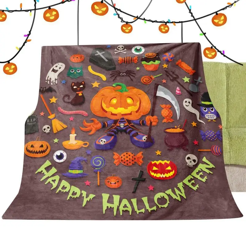 

Spooky Blanket Cute Pumpkin Witch Ghost Horror Fleece Blanket Super Soft Flannel Fall Blanket For Kids Adults All Seasonal Use