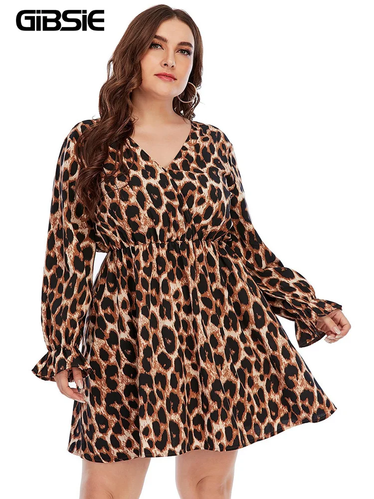 Forfølgelse dejligt at møde dig tilgivet Gibsie Plus Size Leopard Print V Neck A-line Dress Women Spring Fall Casual  Long Sleeve Elastic Mini Dresses Ladies 3xl 4xl - Plus Size Dresses -  AliExpress