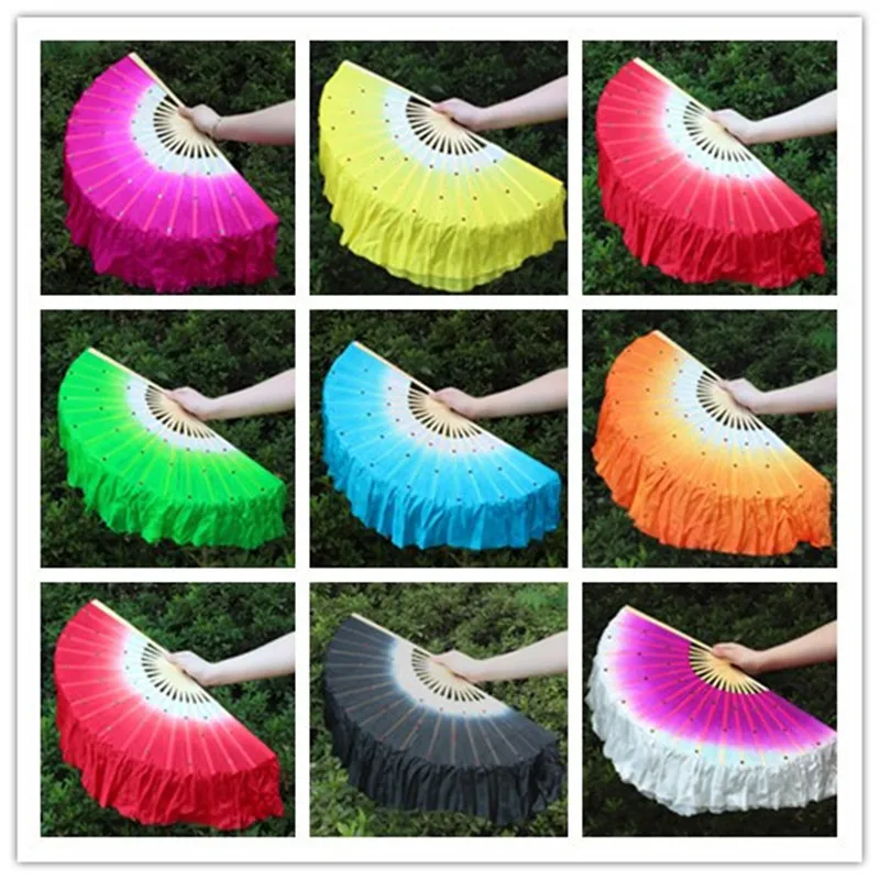

Real Silk 1 Pair 40cm(15.7") Colorful Belly Dancing Bamboo Veils Dancer Short Fans (1L+1R) Gradient Half Circle Hand Dye Cheap