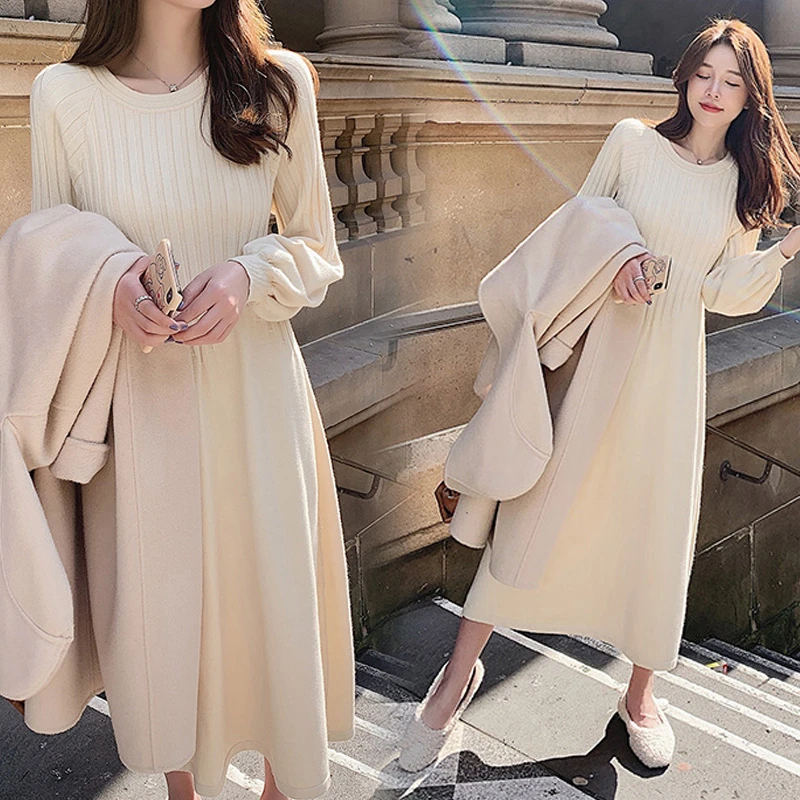 Autumn and Winter Pregnant Women's Sweaters Long Lantern Sleeve O-Neck Maternity Knitting Dresses Elegant Office Lady Dress Long