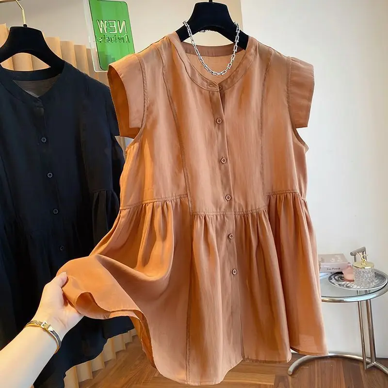 2024 Summer New Women's Korean Commuter Blouse Crew Neck Button Spliced Shirring Elegant Loose Sleeveless Midi Shirt Tops