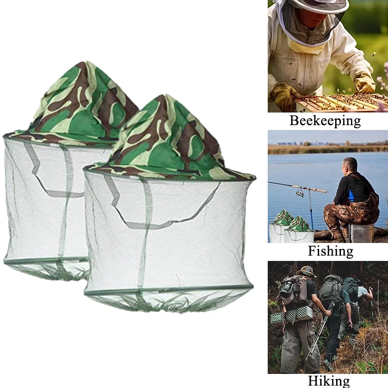 2 팩 위장 양봉가 양봉 모자 모자 머리 그물 메쉬 얼굴 보호 야외 낚시 장비 양..