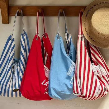 Borsa Hobo in Tela a Righe con Fiocco in Pizzo, Borsa a Tracolla Reversibile, Borsa Casual da Donna per Shopping Quotidiano