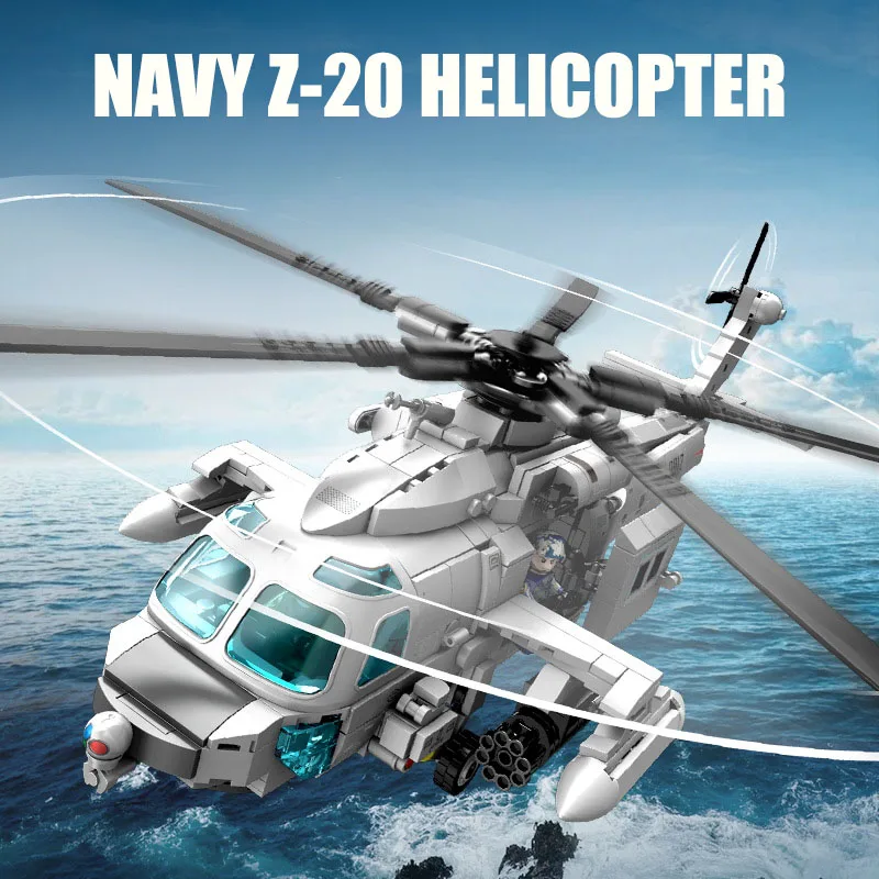 Military MOC Navy Z-20 Helicopters With Missile Model Building