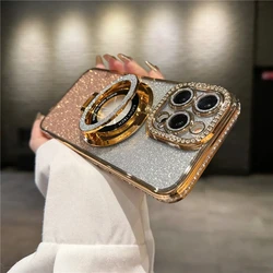 Luxury Electroplated Shiny Diamond Magnetic Ring Bracket Shockproof Cover - iPhone 15 Plus (Gold)