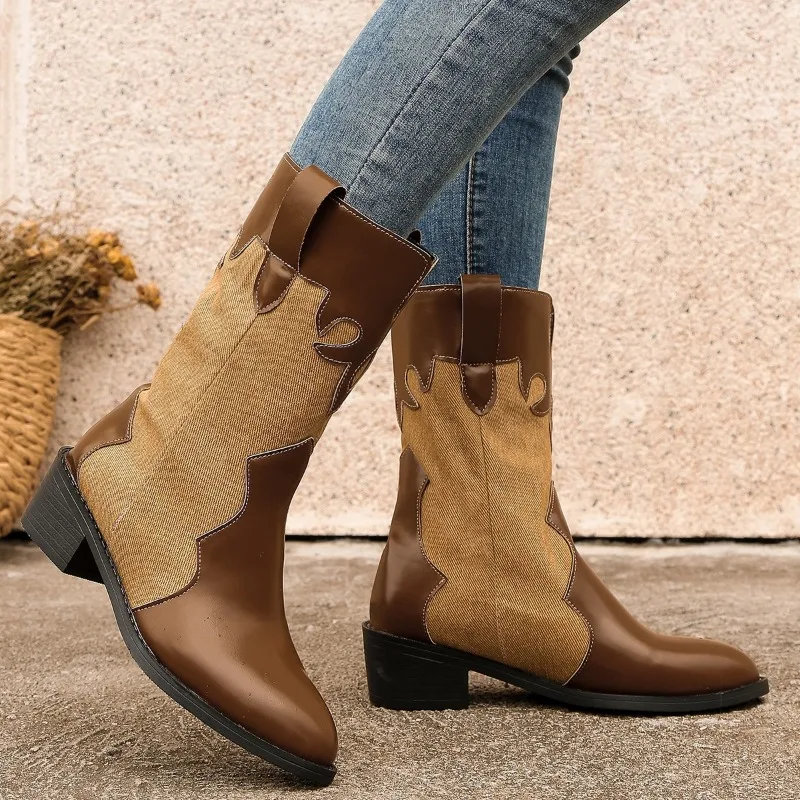 2023 Winter Women's Mid-Calf Boots Fashion Slip-on Shoes for Female Square Heel Med Heel Women's Shoes Patchwork Ladies Boots