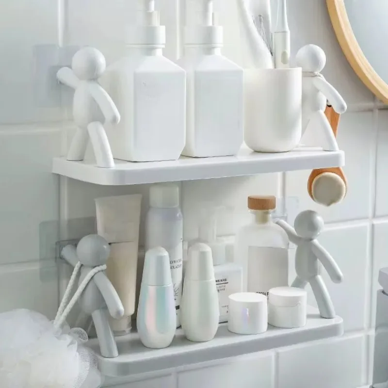 Grey little person wall mounted non perforated storage rack, bathroom rack, bathroom cosmetics kitchen organizing storage rack