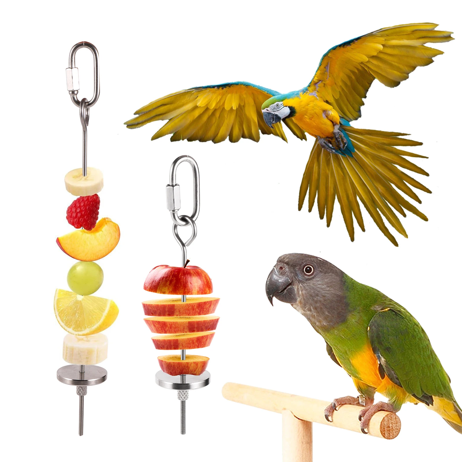 Pet Parrots Birds Food Holder Stainless Steel Fruit Spear Stick Fruit Vegetable Skewer Feeder Foraging Toys Metal Bird Feeder bird toys