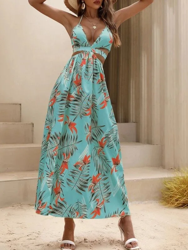 Print Halter Neck Slit Dresses Women Sexy Deep V-neck Hollow Out Backless Bowknot Leace-up Long Dress Female Streetwear Vestidos 12 undefined