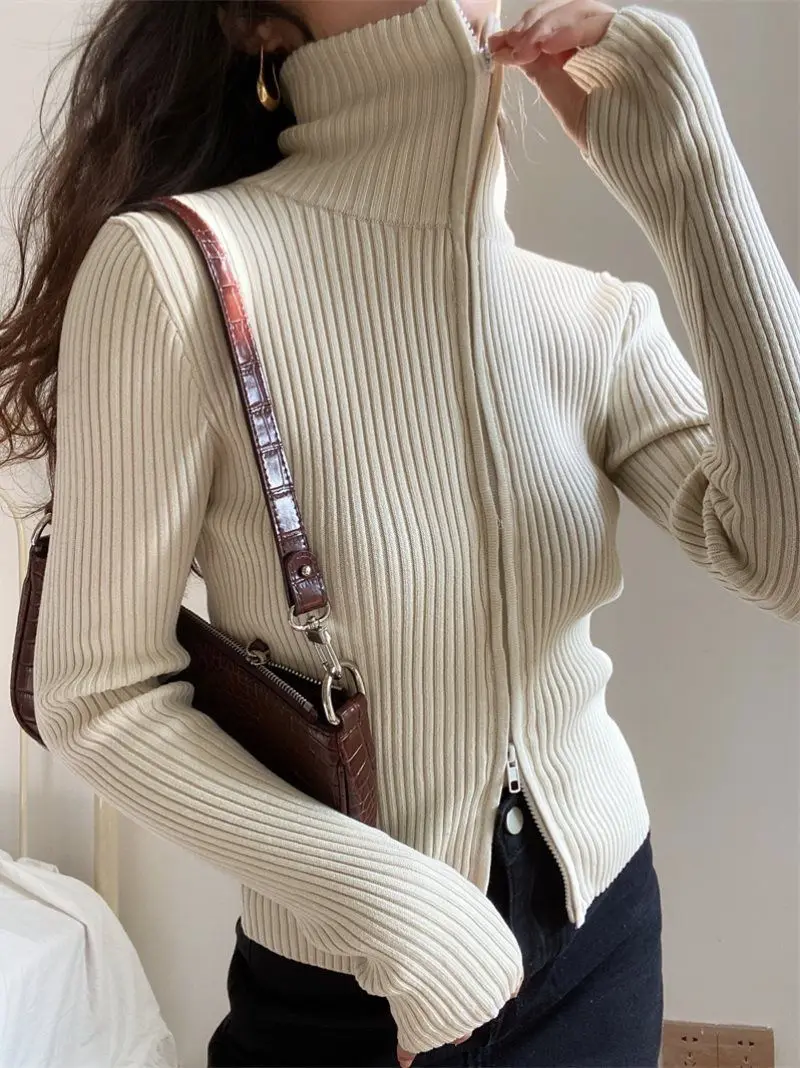 Cardigan Di Lana Donna Con Doppia Cerniera - Maglione Invernale Lavorato A Maglia - Casual Elegante - Foto 7