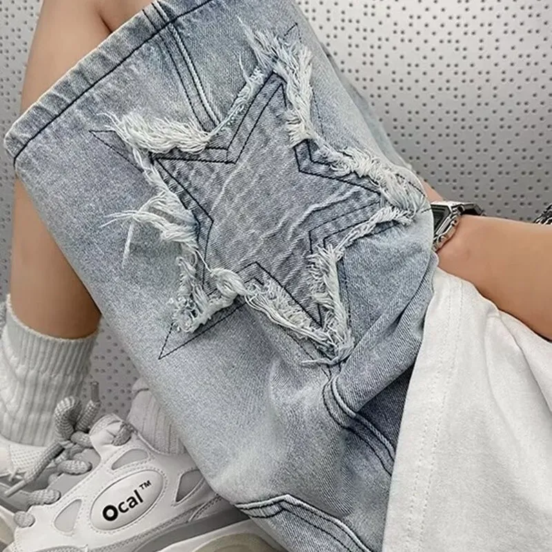 Star Patchwork Yellow Clay Color Jeans Summer Men Denim Shorts Trendy Streetwear Five-point Pants Straight Jeans Shorts men jeans denim pants denim shorts summer jeans shorts