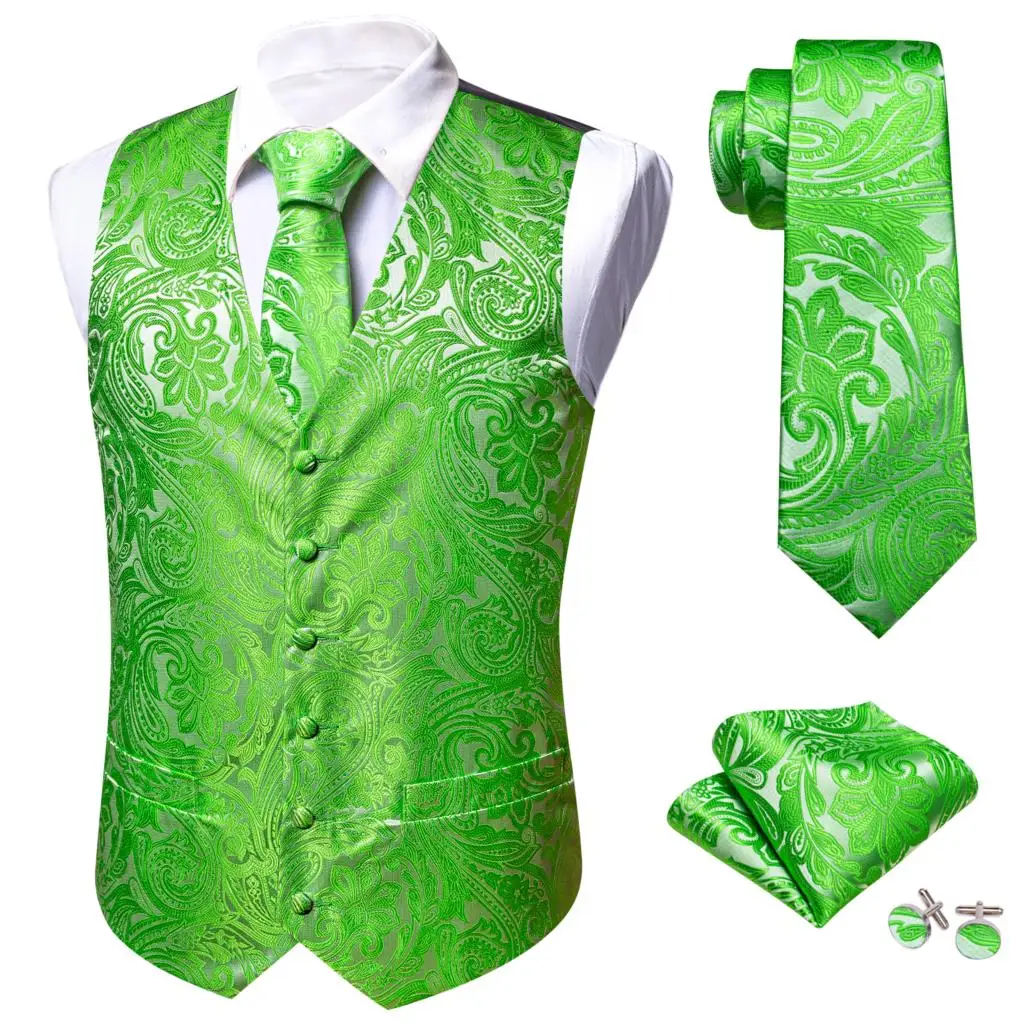 

Luxury Vest for Men Silk Green Paisley Waistcoat Tie Set Elegant Wedding Formal Dress Suit Male Gilet Sleeveless Barry Wang