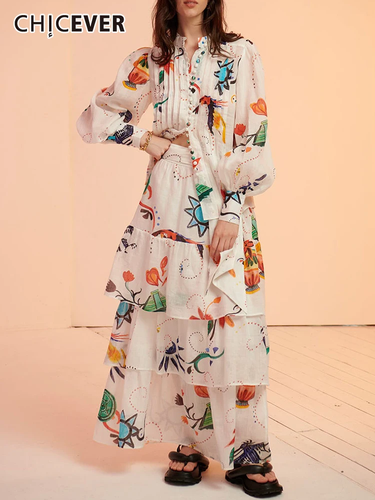 

CHICEVER Print Two Piece Set Women Stand Collar Single Breasted Tops High Waist Tiered Skirts Colorblock Sets Female Clothes New