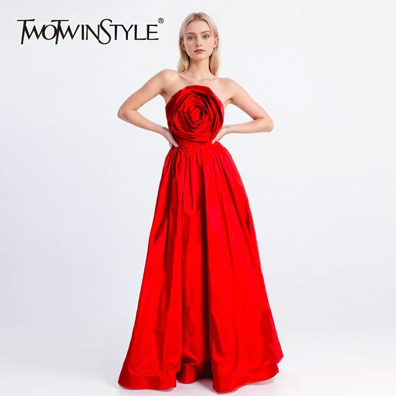 

TWOTWINSTYLE Solid Spliced Appliques Formal Dresses For Women Strapless Backless High Waist Folds Patchwork Zipper Dress Female