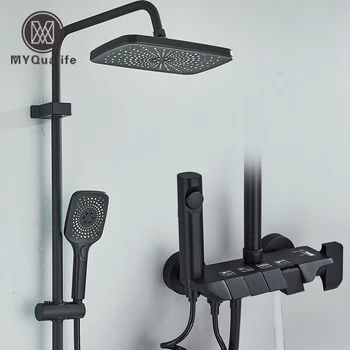 Set doccia stile pianoforte nero Rubinetti da bagno intelligenti in ottone Rubinetto a cascata caldo freddo Sistema doccia a pioggia 1