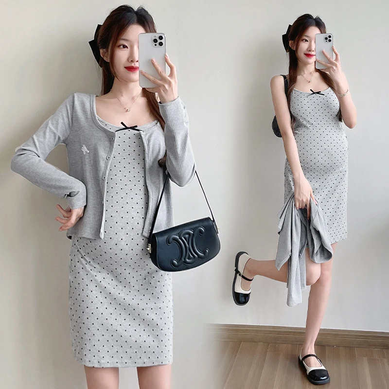 2026 봄 임부복 세트 그레이 긴팔 가디건+폴카 도트 스트랩 드레스 임산부 의류 세트